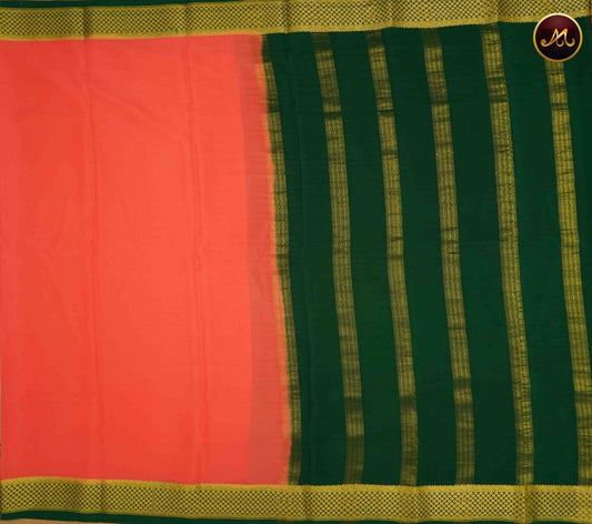 Mysore Crepe Silk saree with KSIC finish in Peach and Bottle Green combination with Gold Zari Border and Chit  Pallu