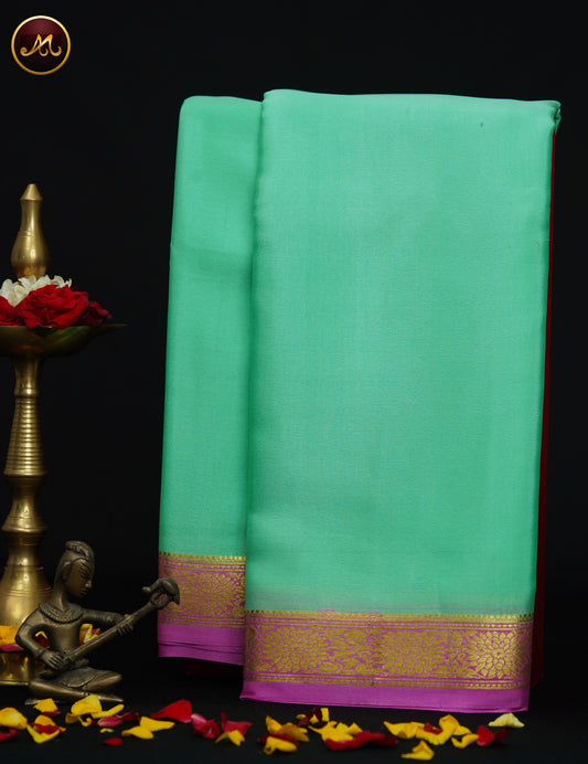 Mysore Crepe Silk saree with KSIC finish in Mint Green and  Baby Pink combination with Golden Zari Border and Chit  Pallu