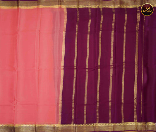 Mysore crepe silk saree with KSIC Finish in Baby Pink and Purple combination with gold zari border and chit pallu