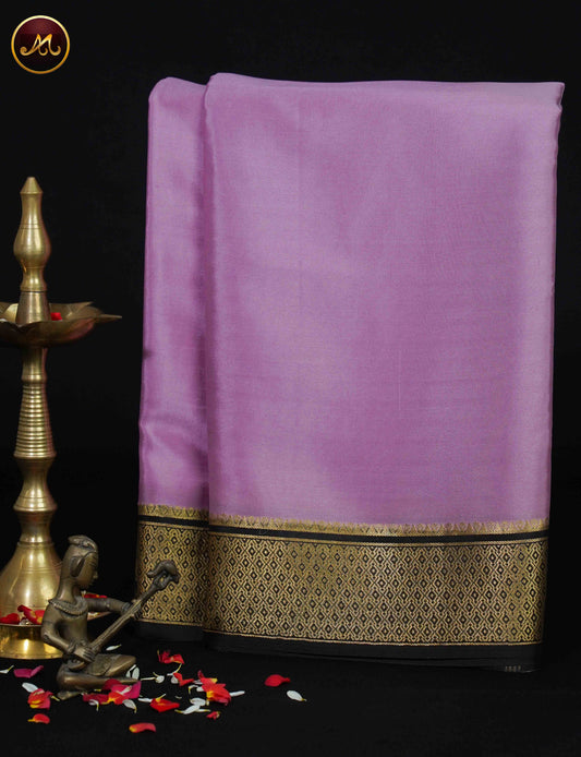 Mysore Crepe Silk saree with KSIC finish in Onion Pink and Black combination with Gold Zari Border and Chit  Pallu