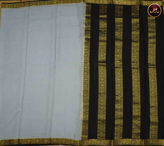 Mysore Crepe Silk saree with KSIC finish in Grey and Black combination with Gold Zari checks  and Border