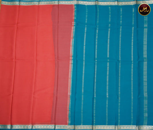 Mysore Crepe Silk saree with KSIC finish in Onion Pink  and  Ananda Blue combination with Silver Zari Border and Chit  Pallu