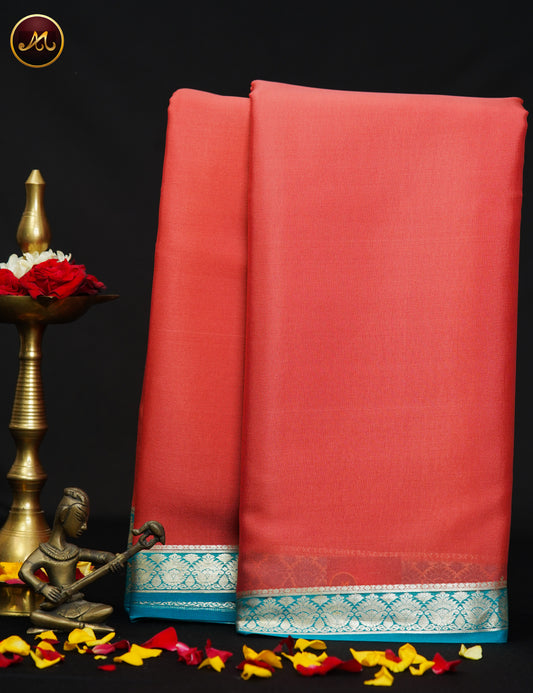 Mysore Crepe Silk saree with KSIC finish in Onion Pink  and  Ananda Blue combination with Silver Zari Border and Chit  Pallu