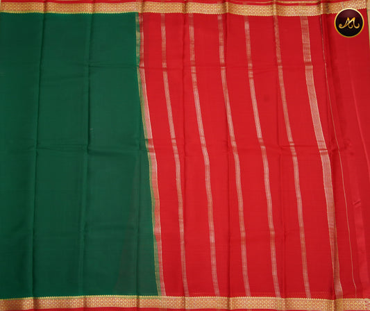 Mysore Crepe Silk saree with KSIC finish in Bottle Green  and  Red combination with Golden Zari Border  and Chit  Pallu
