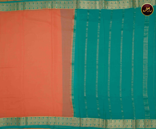 Mysore Crepe Silk saree with KSIC finish in Peach and Rama Green combination with Gold Zari Border and Chit  Pallu