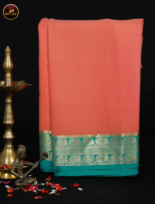 Mysore Crepe Silk saree with KSIC finish in Peach and Rama Green combination with Gold Zari Border and Chit  Pallu