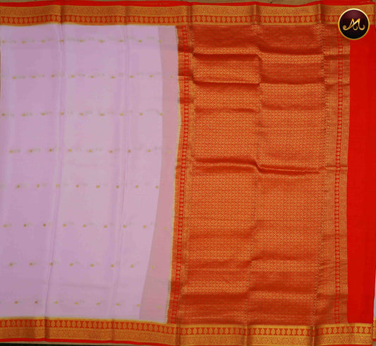 Mysore Crepe Silk saree with KSIC finish in Baby Pink and Orange combination with Gold Zari Butta  and Border