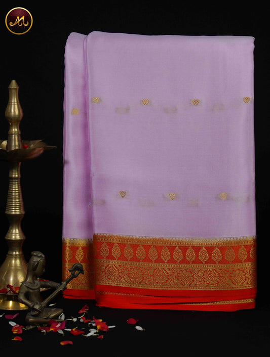 Mysore Crepe Silk saree with KSIC finish in Baby Pink and Orange combination with Gold Zari Butta  and Border