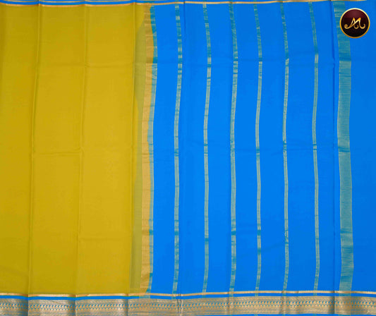 Mysore crepe silk saree with KSIC Finish in Lemon Green and Sky Blue combination with gold zari border and chit pallu