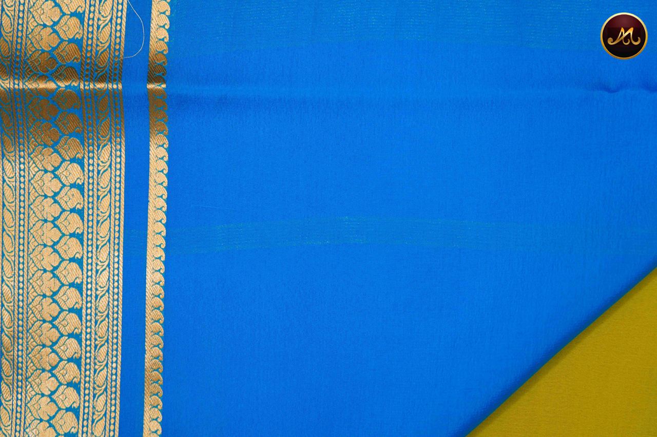 Mysore crepe silk saree with KSIC Finish in Lemon Green and Sky Blue combination with gold zari border and chit pallu