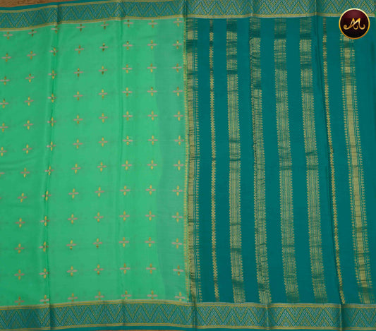 Mysore Crepe Silk saree with KSIC finish in Mint Green and Rama Green combination with Gold/Silver Diamond Butta