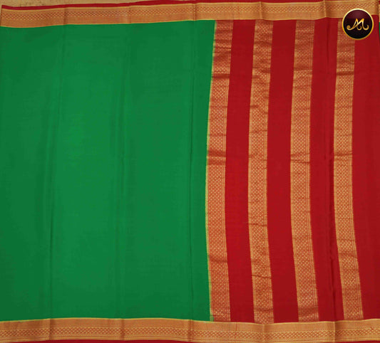 Mysore Crepe Silk saree with KSIC finish in Leaf Green and Red combination with Gold Zari Border and Chit  Pallu