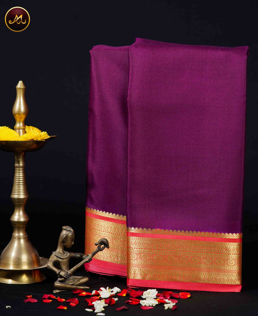 Mysore crepe silk saree with KSIC Finish in Grape Wine and Peach combination with gold zari border and chit pallu