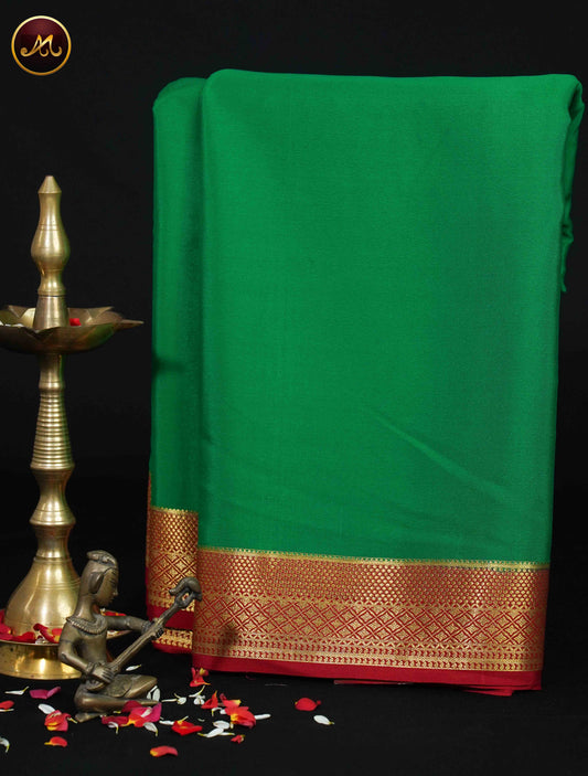 Mysore Crepe Silk saree with KSIC finish in Leaf Green and Red combination with Gold Zari Border and Chit  Pallu