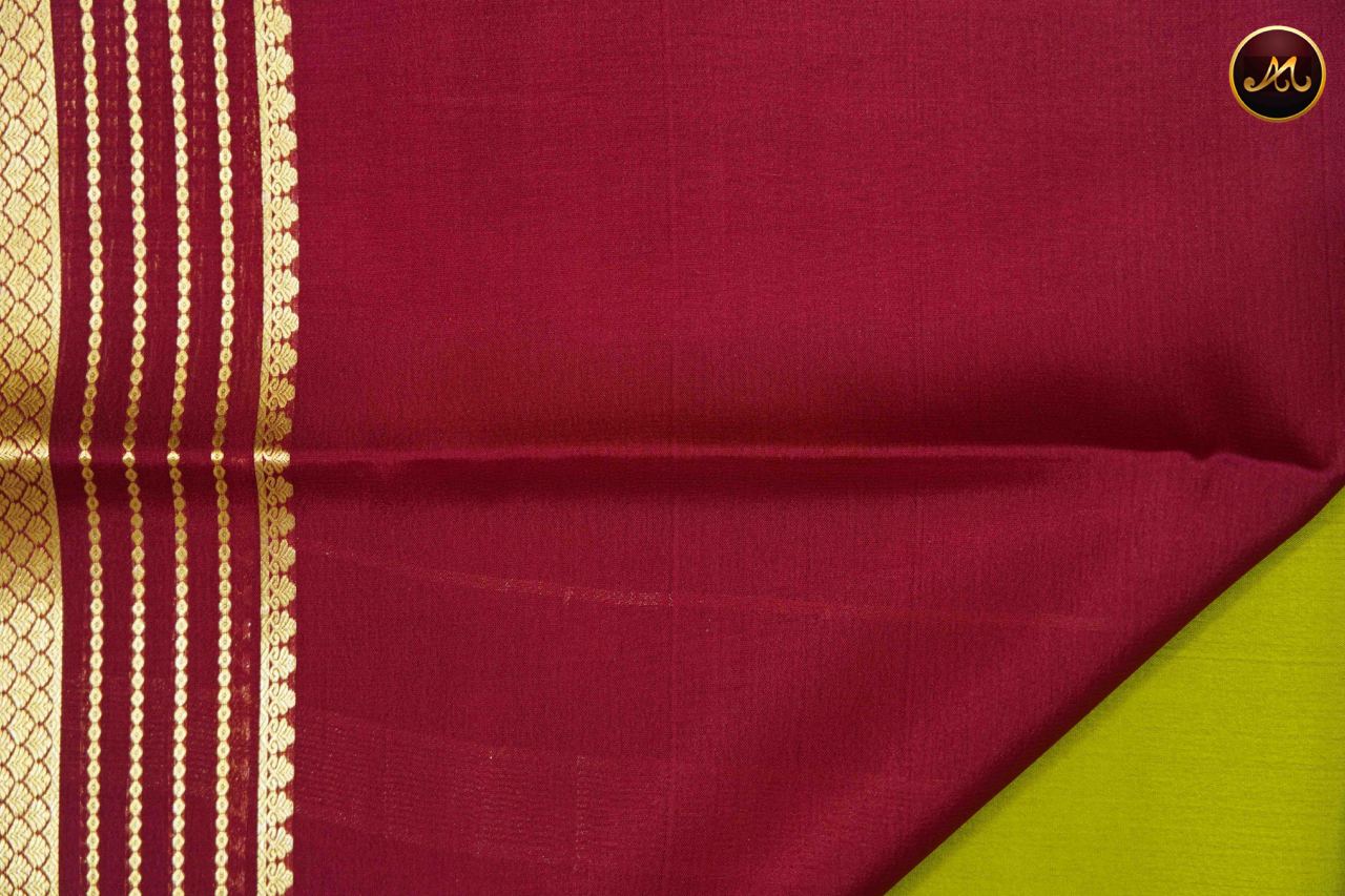 Mysore crepe silk saree with KSIC Finish  in Parrot Green with Magenta combination with gold zari border and chit pallu