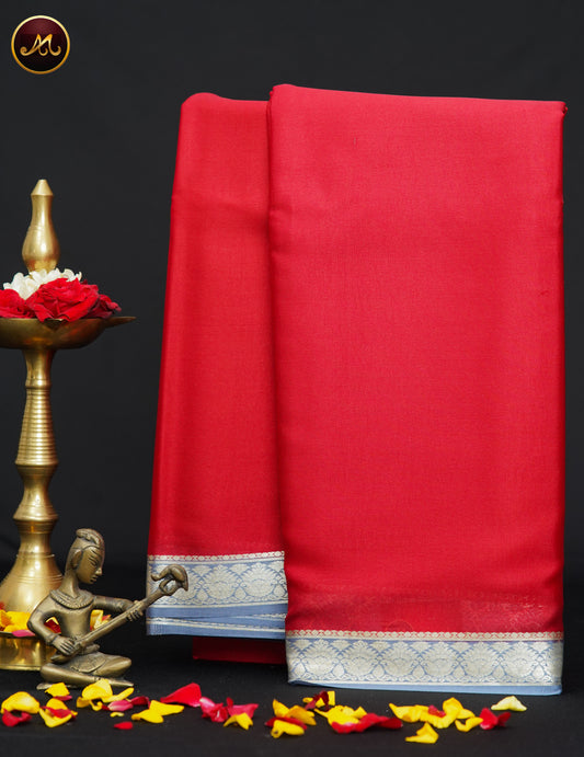 Mysore Crepe Silk saree with KSIC finish in Cherry Red  and  Grey combination with Silver Zari Border  and Chit  Pallu