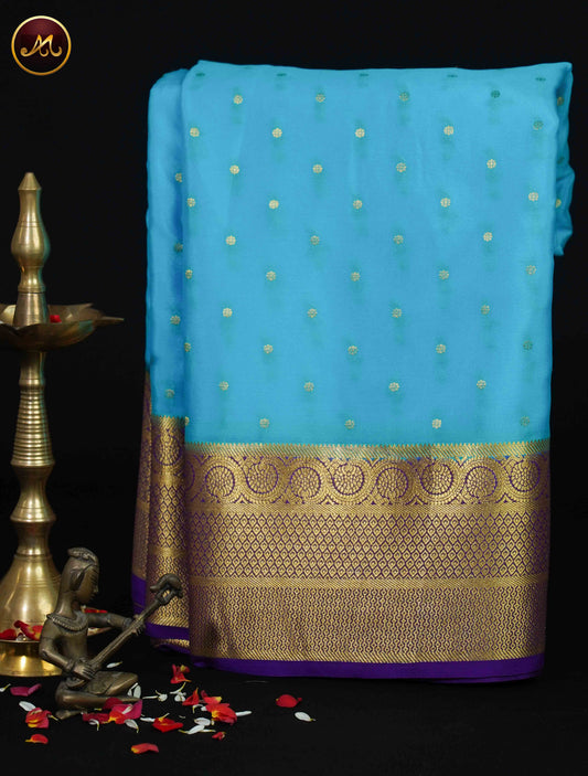 Mysore Crepe Silk saree with KSIC finish in Sky Blue and Purple combination with Gold Zari Border and Rich  Pallu