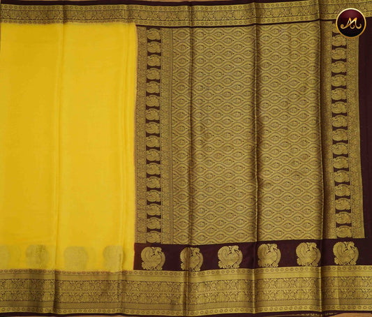 Mysore Crepe Silk saree with KSIC finish in Light Yellow and Coffee Brown combination with Gold Zari Border and Rich  Pallu