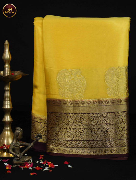 Mysore Crepe Silk saree with KSIC finish in Light Yellow and Coffee Brown combination with Gold Zari Border and Rich  Pallu