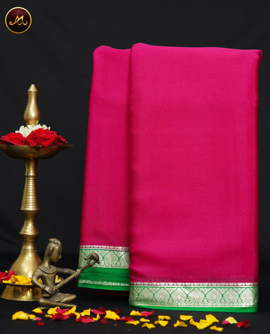 Mysore Crepe Silk saree with KSIC finish in Rani Pink  and Light Green combination with Silver Zari Border and Chit  Pallu