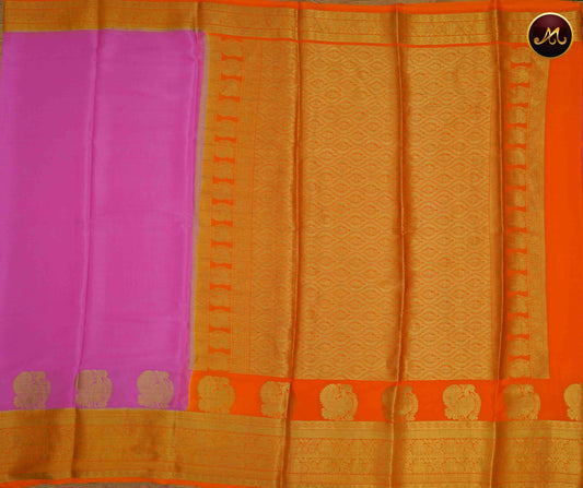 Mysore Crepe Silk saree with KSIC finish in Light Pink and Orange combination with Gold Zari Border and Rich  Pallu