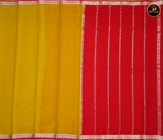 Mysore Crepe Silk saree with KSIC finish in Chutney Green  and Red combination with Silver Zari Border and Chit  Pallu