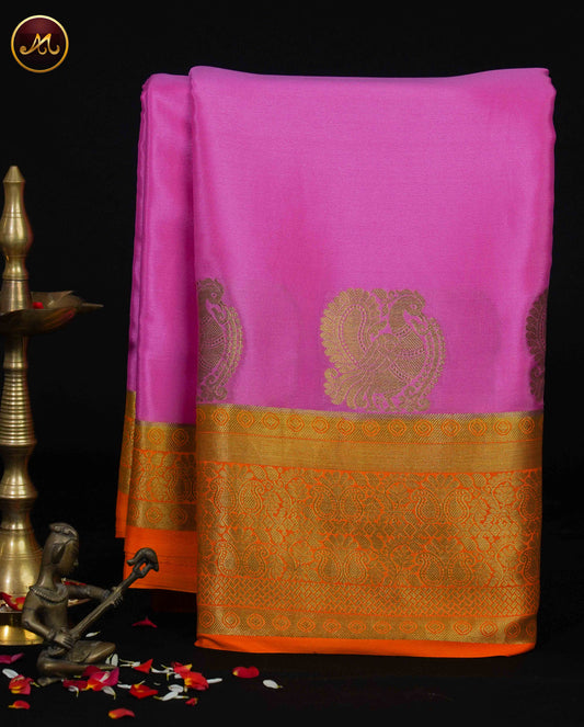 Mysore Crepe Silk saree with KSIC finish in Light Pink and Orange combination with Gold Zari Border and Rich  Pallu