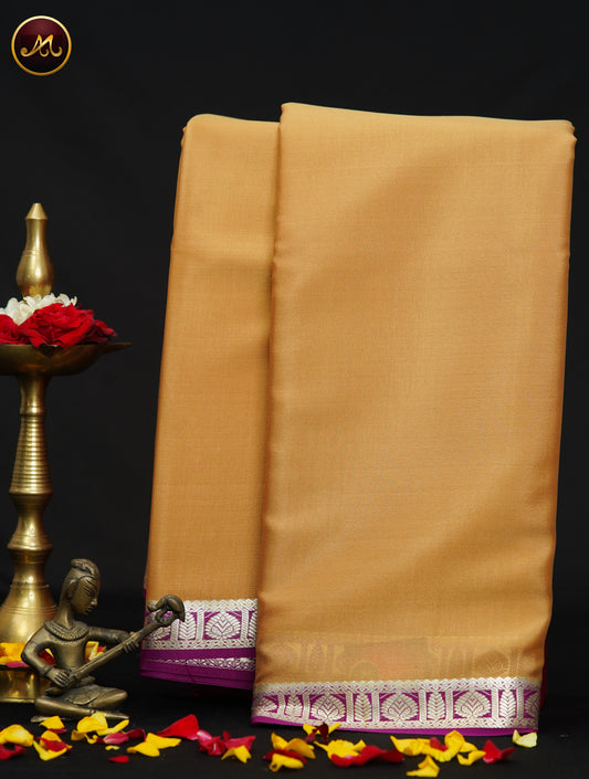 Mysore Crepe Silk saree with KSIC finish in Old Gold  and Magenta combination with Silver Zari Border and Chit  Pallu