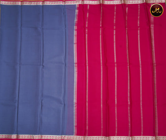 Mysore Crepe Silk saree with KSIC finish in Elephant Grey  and Rani Pink combination with Silver Zari Border and Chit  Pallu