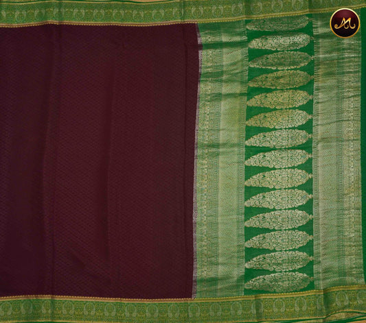 Mysore Crepe Silk saree with KSIC finish in Deep Brown and  Leaf Green combination with embosss work allover the body and Rich  Pallu