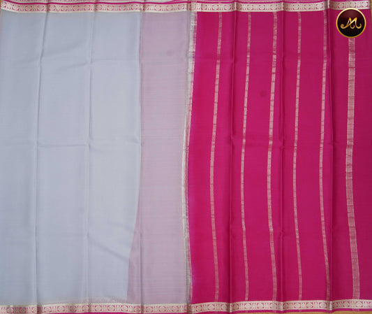 Mysore Crepe Silk saree with KSIC finish in Grey and Pink combination with Silver Zari Border and Chit  Pallu
