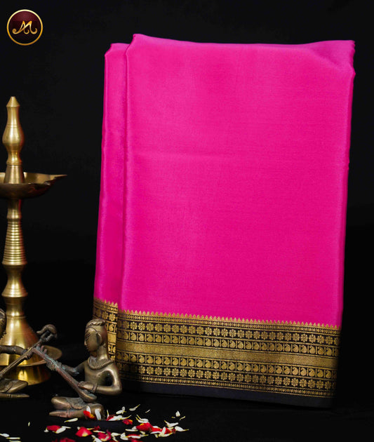 Mysore Crepe Silk saree with KSIC finish in Pink and Black combination with Gold Zari Border and Chit  Pallu