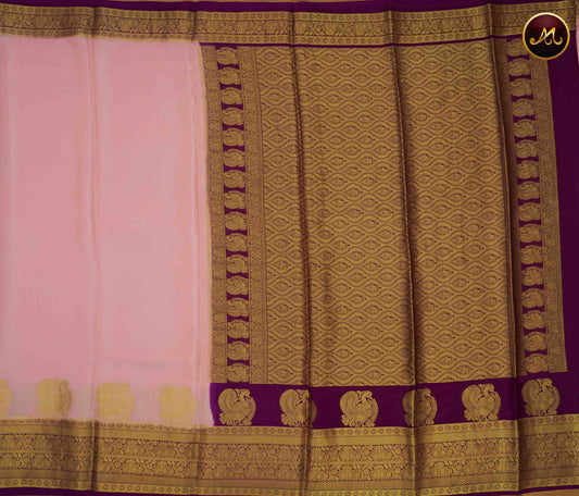 Mysore Crepe Silk saree with KSIC finish in Baby Pink and Purple combination with Gold Zari Border and Rich  Pallu