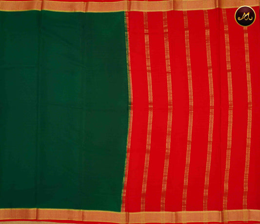 Mysore Crepe Silk saree with KSIC finish in Bottle Green and Red combination with Gold Zari Border and Rich  Pallu
