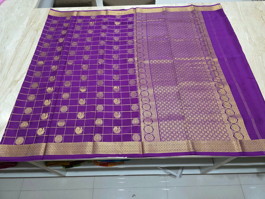 PURE MYSORE CREPE SILK SAREES WITH CHEX WITH PEACOCK AND CHAKRA BUTTA SAREE