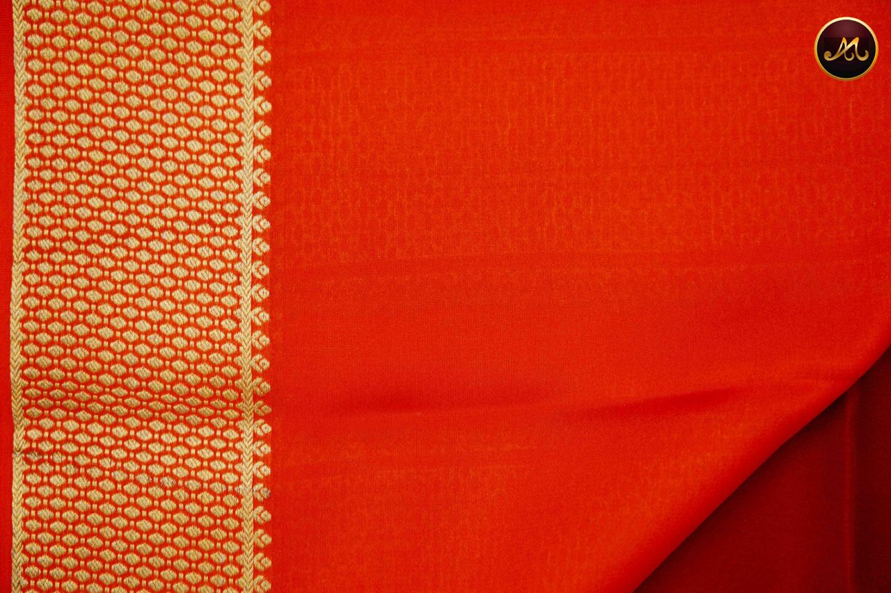 Mysore Crepe Silk saree with KSIC finish in Maroon Red and Orange combination with Gold Zari Border and Rich  Pallu