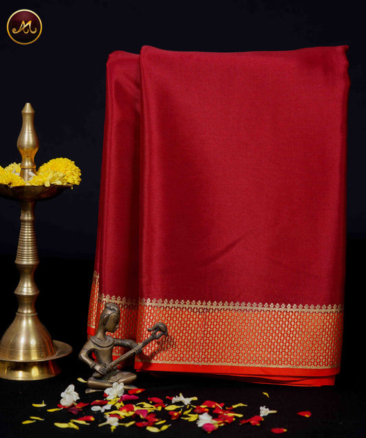 Mysore Crepe Silk saree with KSIC finish in Maroon Red and Orange combination with Gold Zari Border and Rich  Pallu