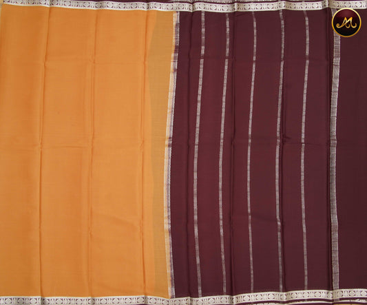 Mysore Crepe Silk saree with KSIC finish in Chikoo and Coffee Brown combination with Silver Zari Border and Chit  Pallu