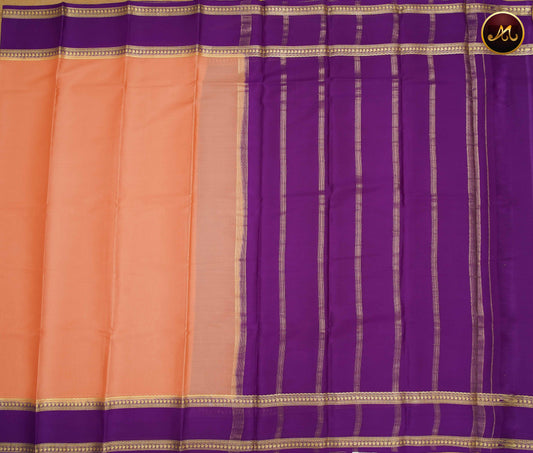 Mysore Crepe Silk saree with KSIC finish in Peach and Purple combination with Gold Zari Retappet Border and Chit  Pallu