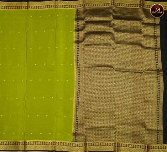 Mysore Crepe Silk saree with KSIC finish in Green and Black combination with Gold Zari Border and Rich  Pallu
