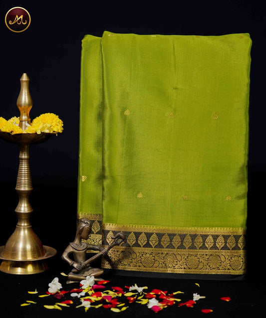 Mysore Crepe Silk saree with KSIC finish in Green and Black combination with Gold Zari Border and Rich  Pallu