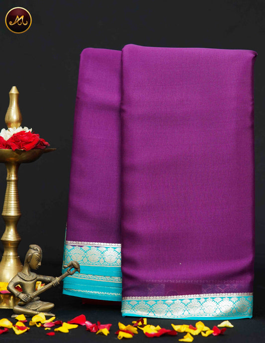 Mysore Crepe Silk saree with KSIC finish in Wine  and Sky Blue combination with Silver Zari Border and Chit  Pallu