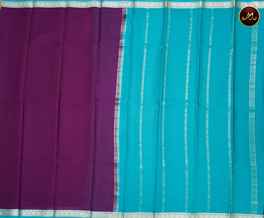 Mysore Crepe Silk saree with KSIC finish in Wine  and Sky Blue combination with Silver Zari Border and Chit  Pallu