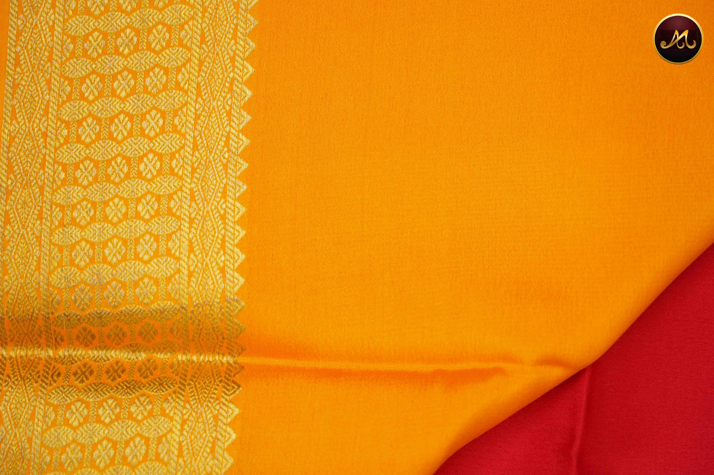 Mysore crepe silk saree with KSIC Finish in Red and Mango Yellow combination with gold zari border and chit pallu