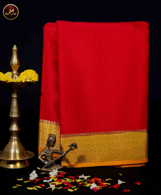 Mysore crepe silk saree with KSIC Finish in Red and Mango Yellow combination with gold zari border and chit pallu