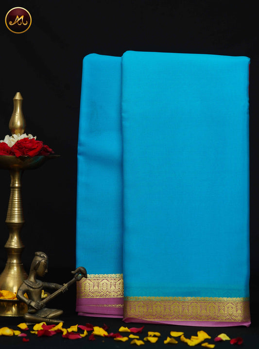 Mysore Crepe Silk saree with KSIC finish in Sky Blue and Onion Pink combination with Gold Zari Border and Chit  Pallu