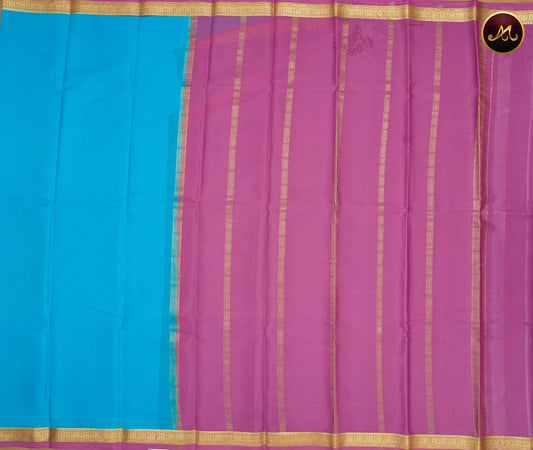 Mysore Crepe Silk saree with KSIC finish in Sky Blue and Onion Pink combination with Gold Zari Border and Chit  Pallu