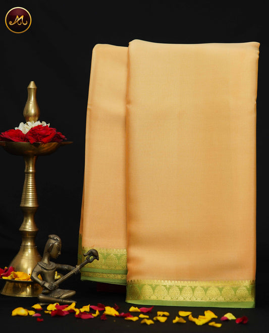 Mysore Crepe Silk saree with KSIC finish in Beige and Mehendi green combination with GOld Zari Border and Chit  Pallu
