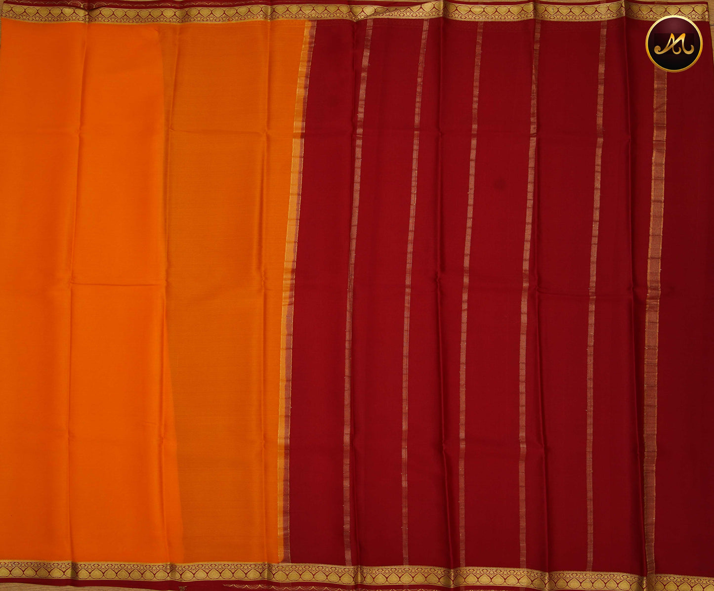 Mysore Crepe Silk saree with KSIC finish in Mango yellow and Red combination with Gold Zari Border and Chit  Pallu
