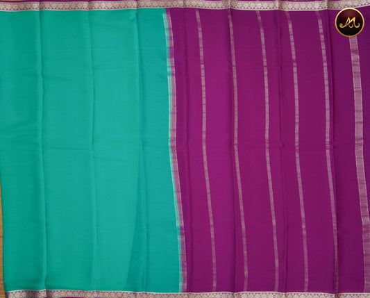 Mysore Crepe Silk saree with KSIC finish in Teal and Wine combination with Silver Zari Border and Chit  Pallu